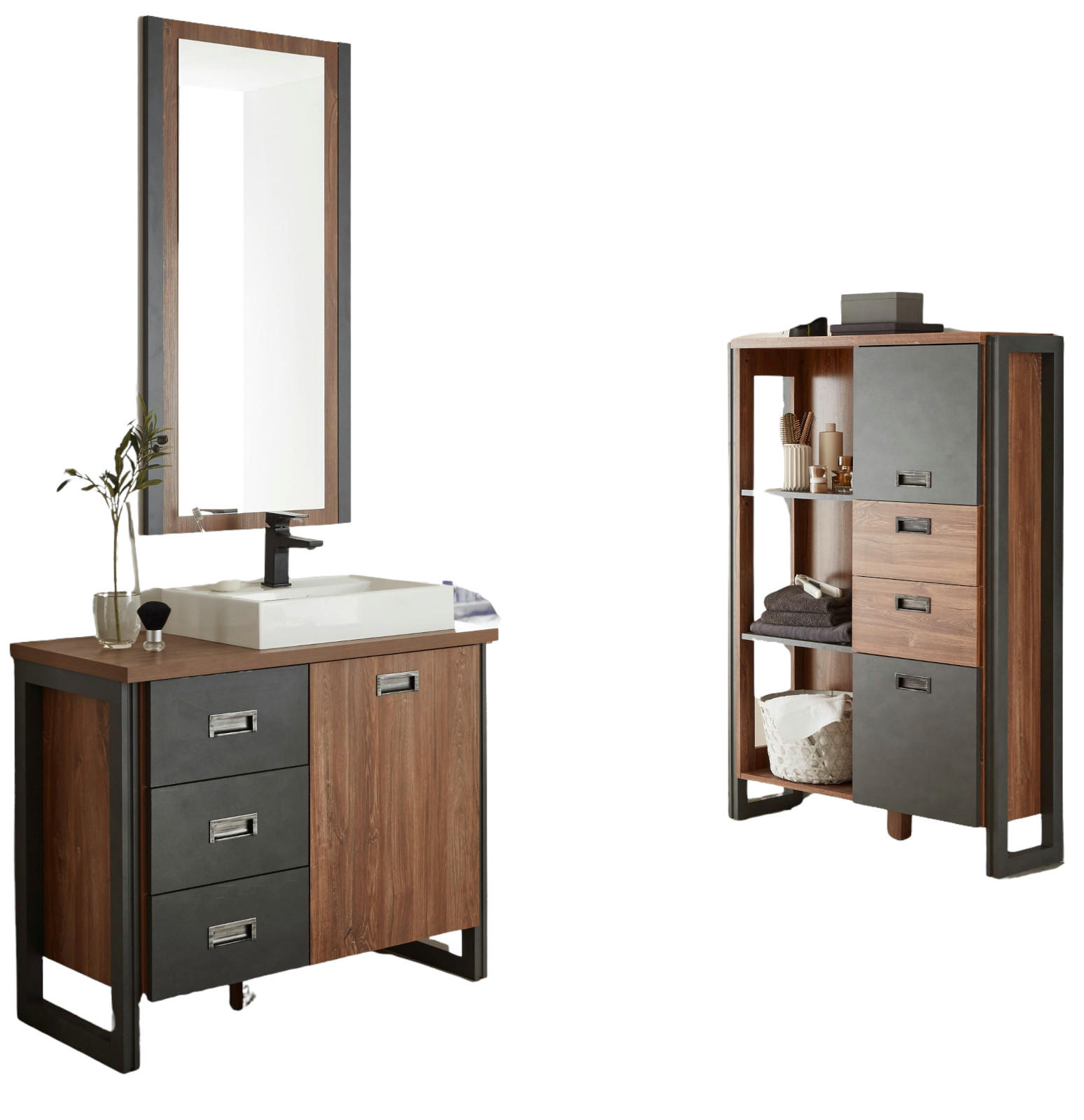 BADMÖBEL-SET 4-teilig Eiche Stirling, Matera grau, Badkombination MIT Waschbecken 201 x 205 cm - Eichefarben/Grau, Holzwerkstoff (201/205/40cm) - Furn.Design