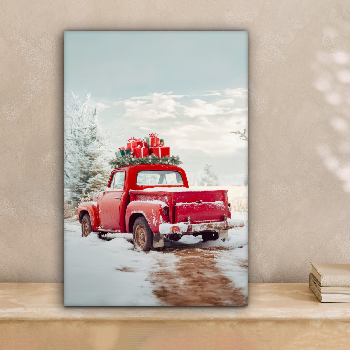 LEINWANDBILD Auto - Rot - Geschenke - Winter - Schnee - Weihnachten Deko Wohnzimmer 20x30 cm - Rot, Textil (20/30cm) - MuchoWow