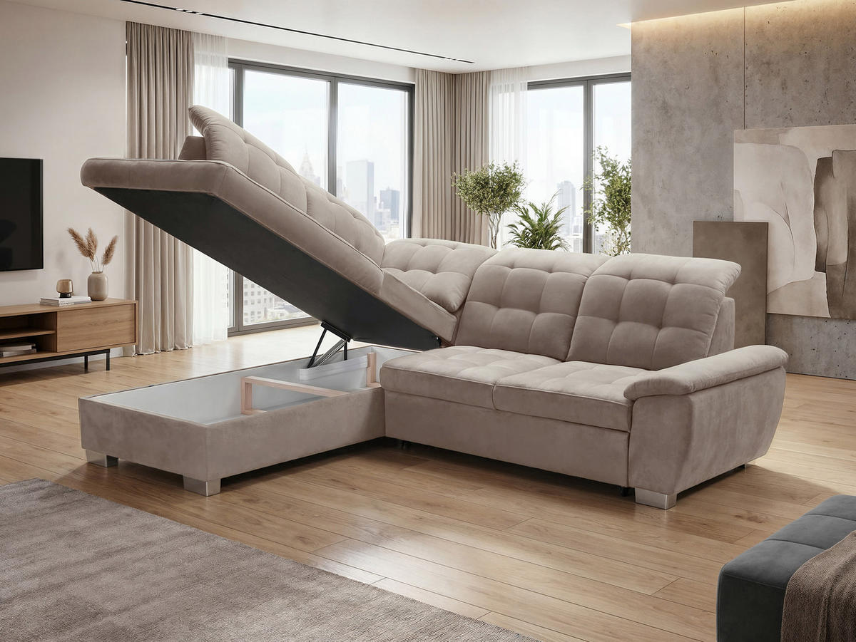 ECKSOFA LENO Links, mit Schlaffunktion und Bettkasten, Beige - Beige, Kunststoff/Textil (261/220cm) - Idohome