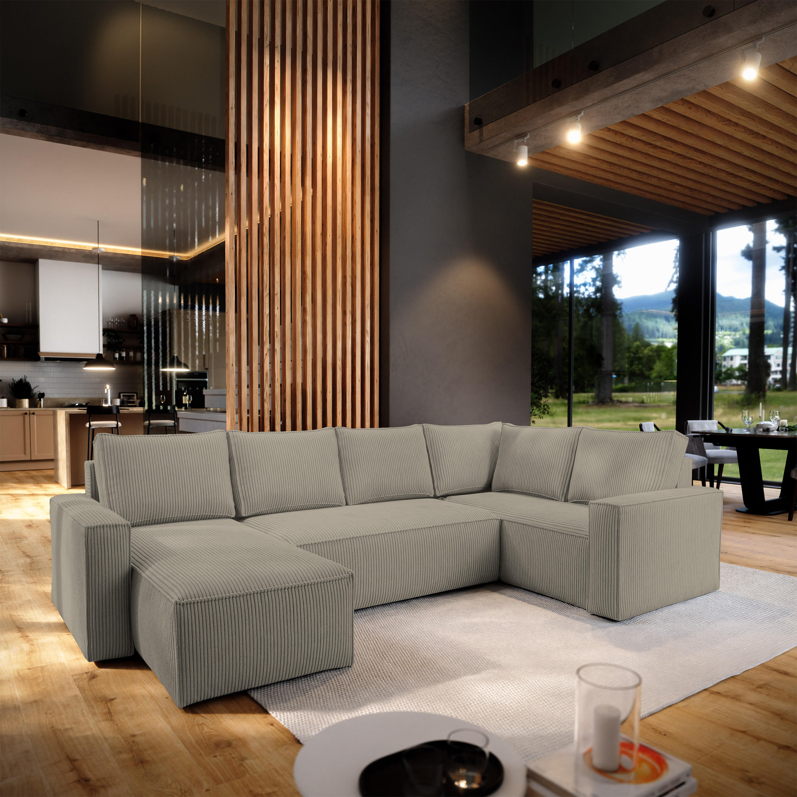 WOHNLANDSCHAFT NORENA R-S Beige Kordstoff mit Schlaffunktion - Beige, Holz (295/85/157.5cm) - MASSENO