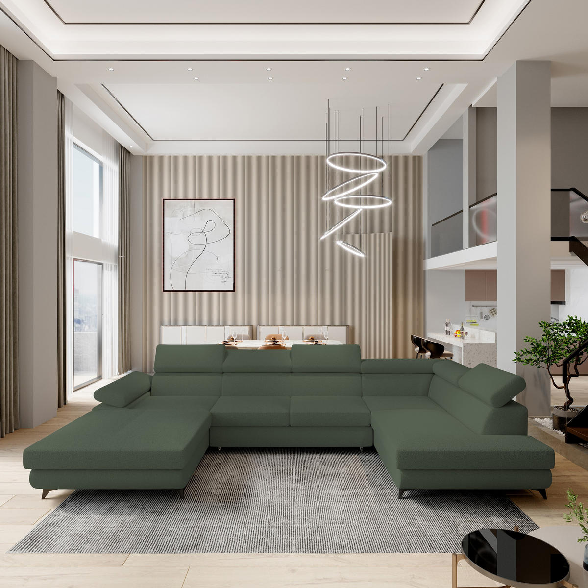 ROHOVÁ SEDAČKA RUBANO zelená barva - černá/zelená barva, kov/dřevo (339/190cm) - MASSENO