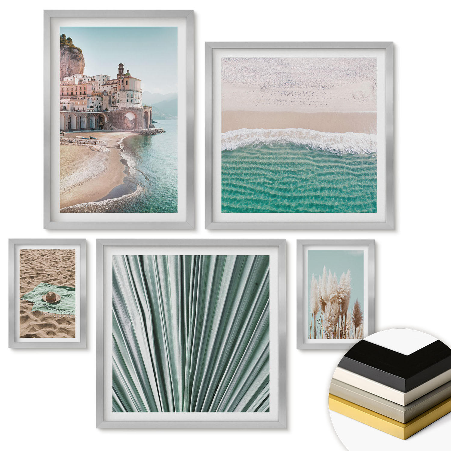 WANDBILDER 5er Set - 50x50 cm & 20x30 cm & 40x60 cm Silberner Rahmen - Strandwellen Grashut - Silberfarben, Kunststoff (40/60cm) - ArtPrintCave