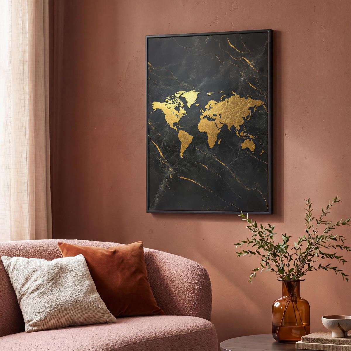 LEINWAND Bilder mit Rahmen - Weltkarte - Gold - Marmor - 70x100 - Goldfarben, Textil (70/100cm) - MuchoWow