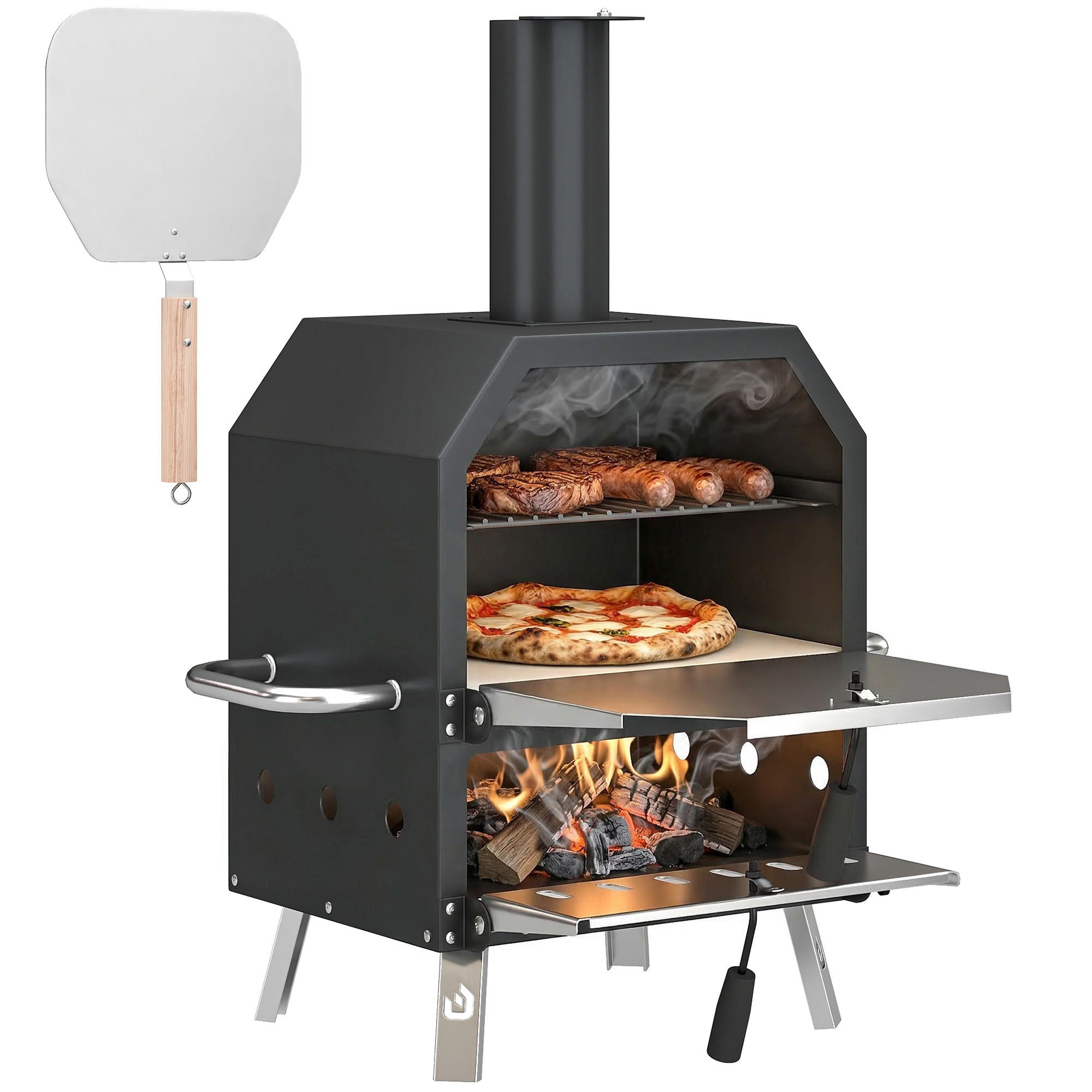 PIZZAOFEN DE-10237 2 Ebenen mit Pizzastein, klappbar Edelstahl - Schwarz, Metall (47/66/55.5cm) - ComfortXL