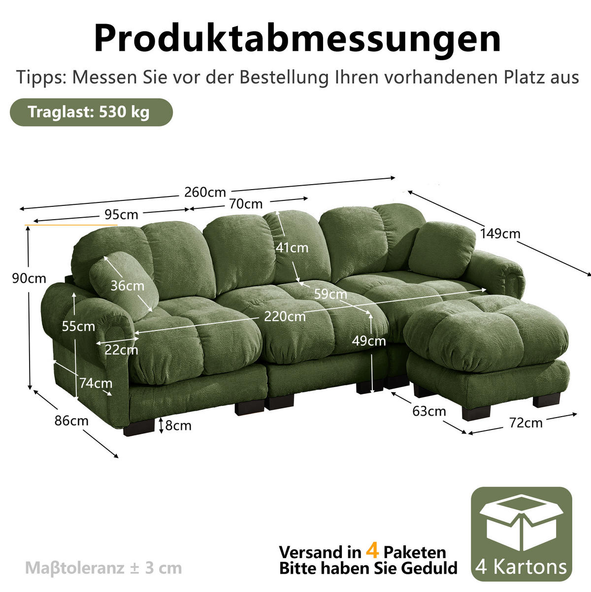SOFA 260/149/90 cm in Grün aus Chenille mit Ottomane und 2 Kissen - Grün, Textil (149/90/260cm) - Flora Grace