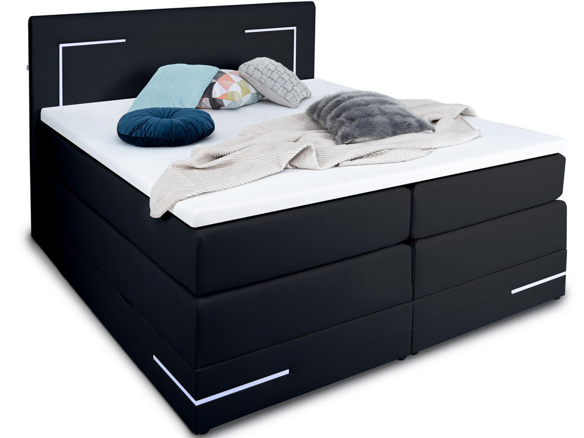 BOXSPRINGBETT Lights 2.0 Schwarz 180/200 cm H2/H3 Kunstleder - Schwarz, Textil (180/200cm) - wonello