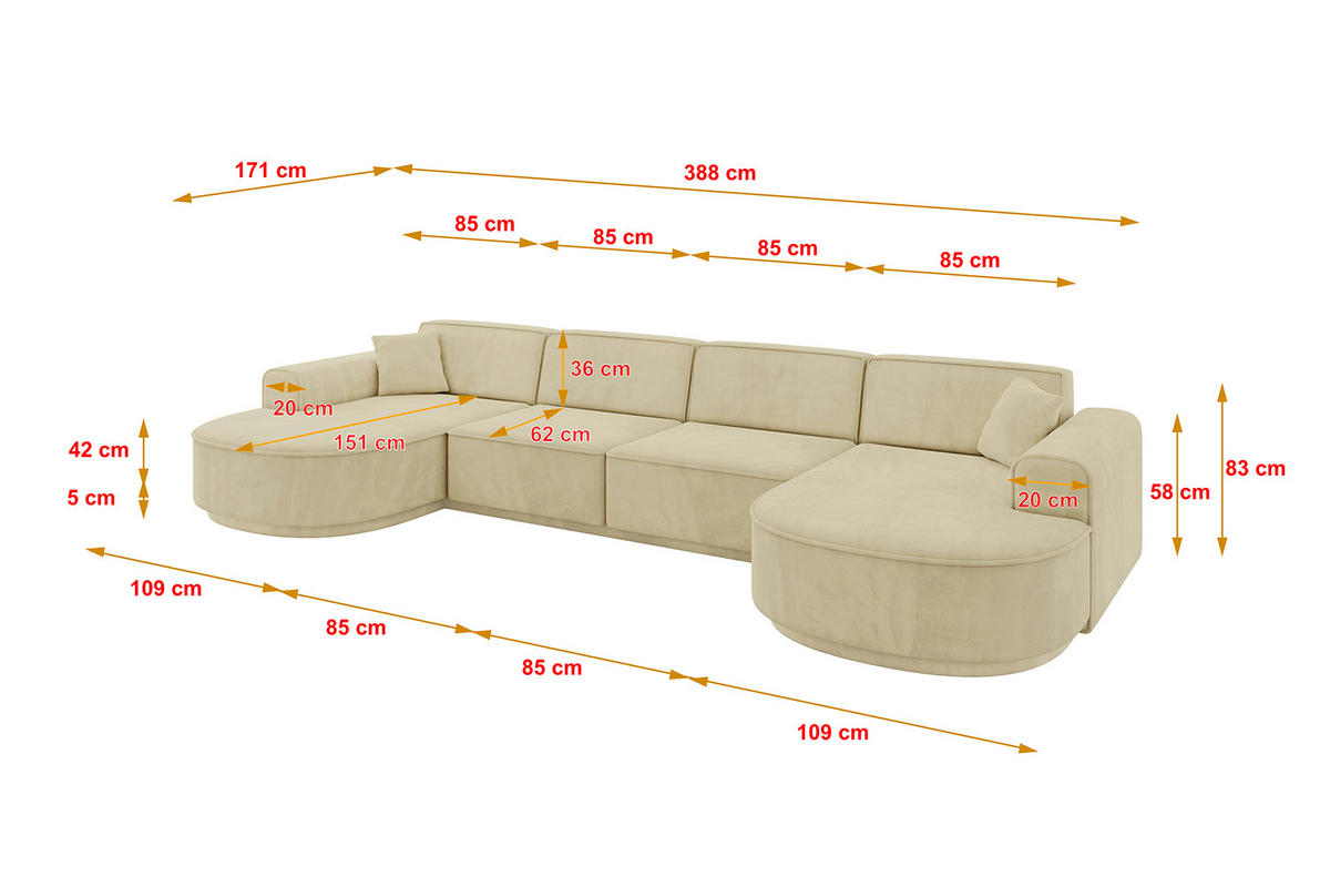 WOHNLANDSCHAFT MARI-U2-v3 - 388x171x83 cm Beige Velours - Beige/Schwarz, Holzwerkstoff/Kunststoff (388/83/171cm) - ALTDECOR