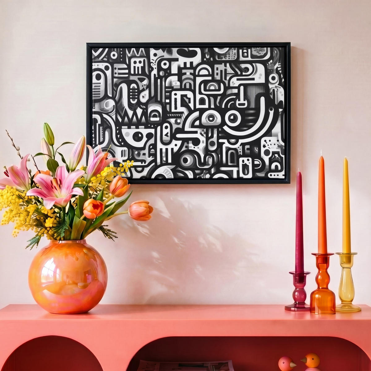 LEINWAND Bilder mit Rahmen - Symbole - Abstrakt - Grafik - Schwarz - 30x20 - Schwarz, Textil (30/20cm) - MuchoWow