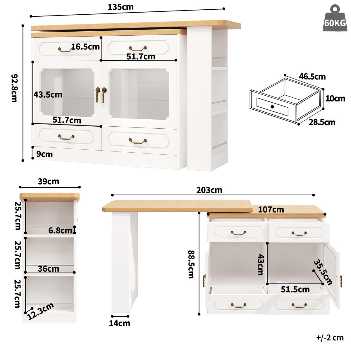 BARTISCH ausziehbar 135-203 x 39 x 92,8 cm MDF Weiß mit LED - Weiß, Holzwerkstoff (39/92.8/203cm) - Meubliv