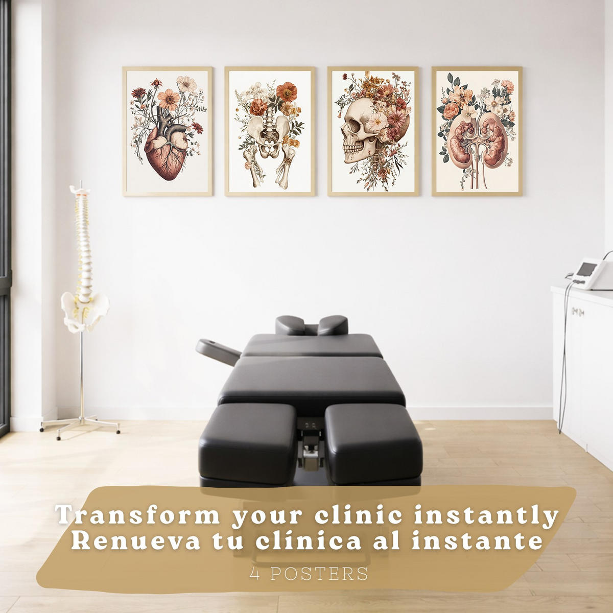 POSTER Set aus 4 Anatomie Drucke und Wandbilder mit Herz Nieren Schädel und Becken Botanischer Stil Medizinische Wanddekoration Größe Rahmenlos A4 - Klar, Papier (21/29.7/3cm) - Nacnic