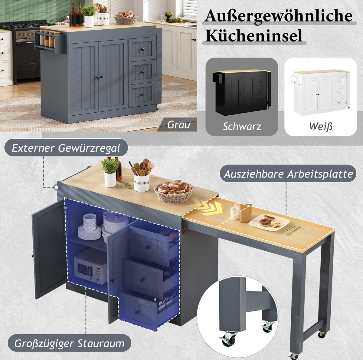 KÜCHENINSEL 112-186,8/45/93 cm mit ausziehbarer Arbeitsplatte, 3 Schubladen und Gewürzregal, MDF, Grau - Grau, Holzwerkstoff (130/93/45cm) - Redom