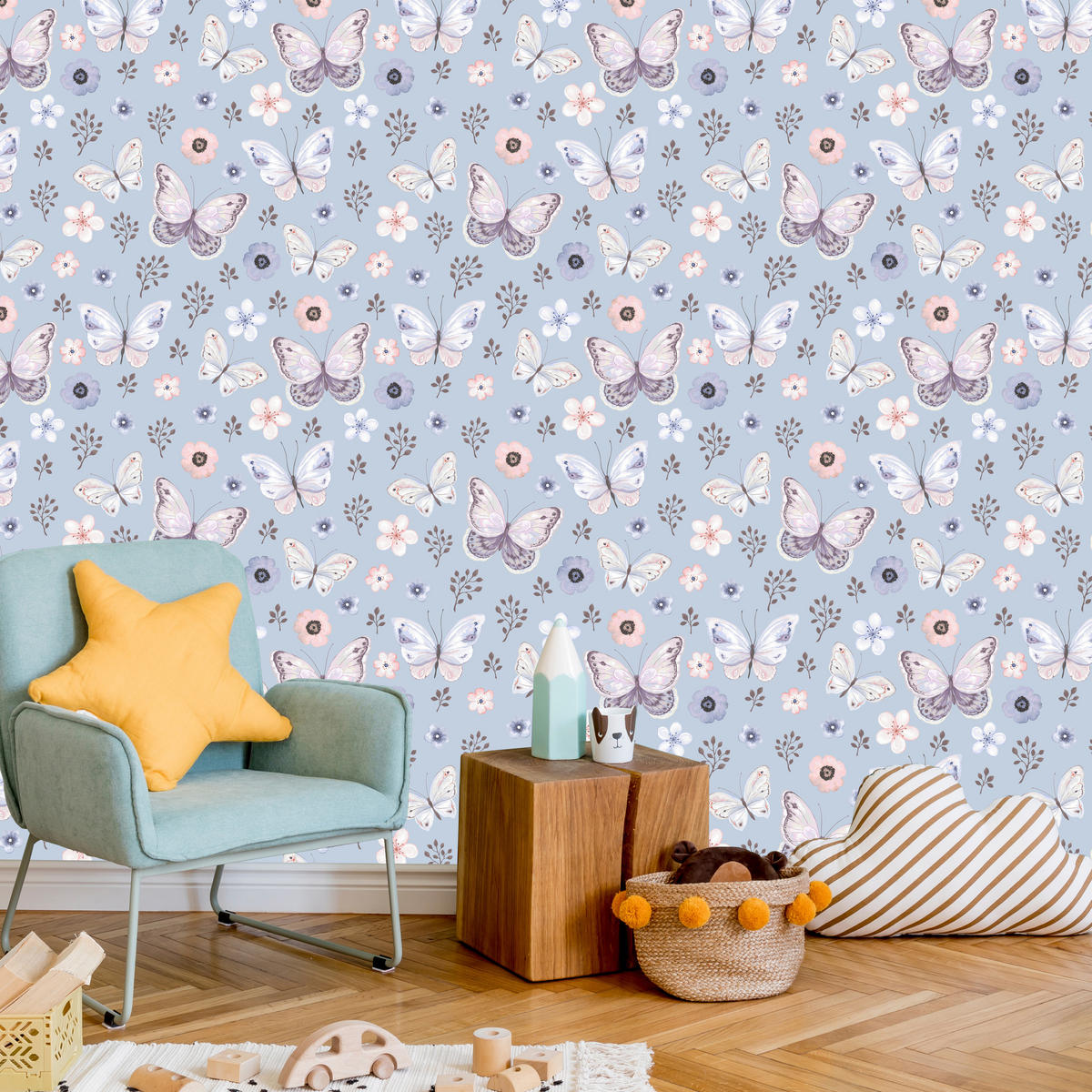 VLIESTAPETE Schmetterlinge und Wiesenblumen – Lila, Rosa, Weiß – 50x1000 cm - Lila/Rosa, Papier (50/1000cm) - Muralo