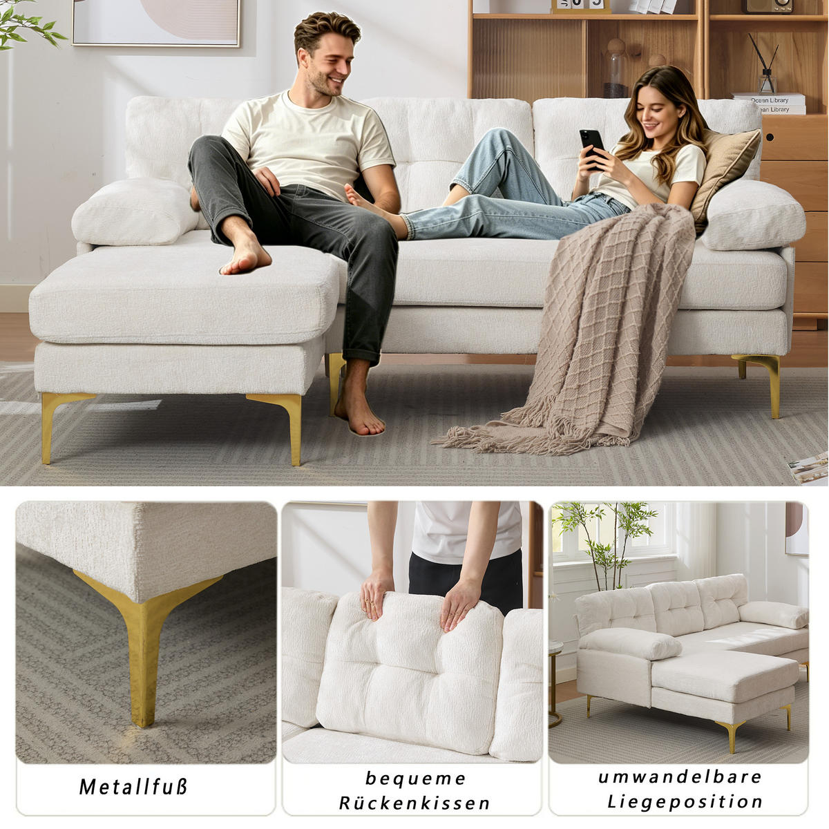ECKSOFA 187.5/130/79 cm Beige mit 3 Sitzkissen und Stuhlbeine aus Metall - Beige, Textil (130/79/187.5cm) - Oxeza