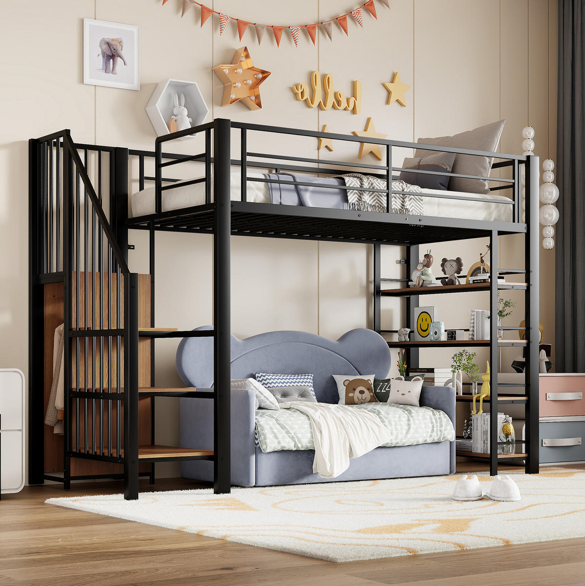 HOCHBETT 90/200 cm Schwarz mit Sicherheitstreppe und Stauraum mit Matratze - Schwarz, Metall (90/200cm) - OKWISH