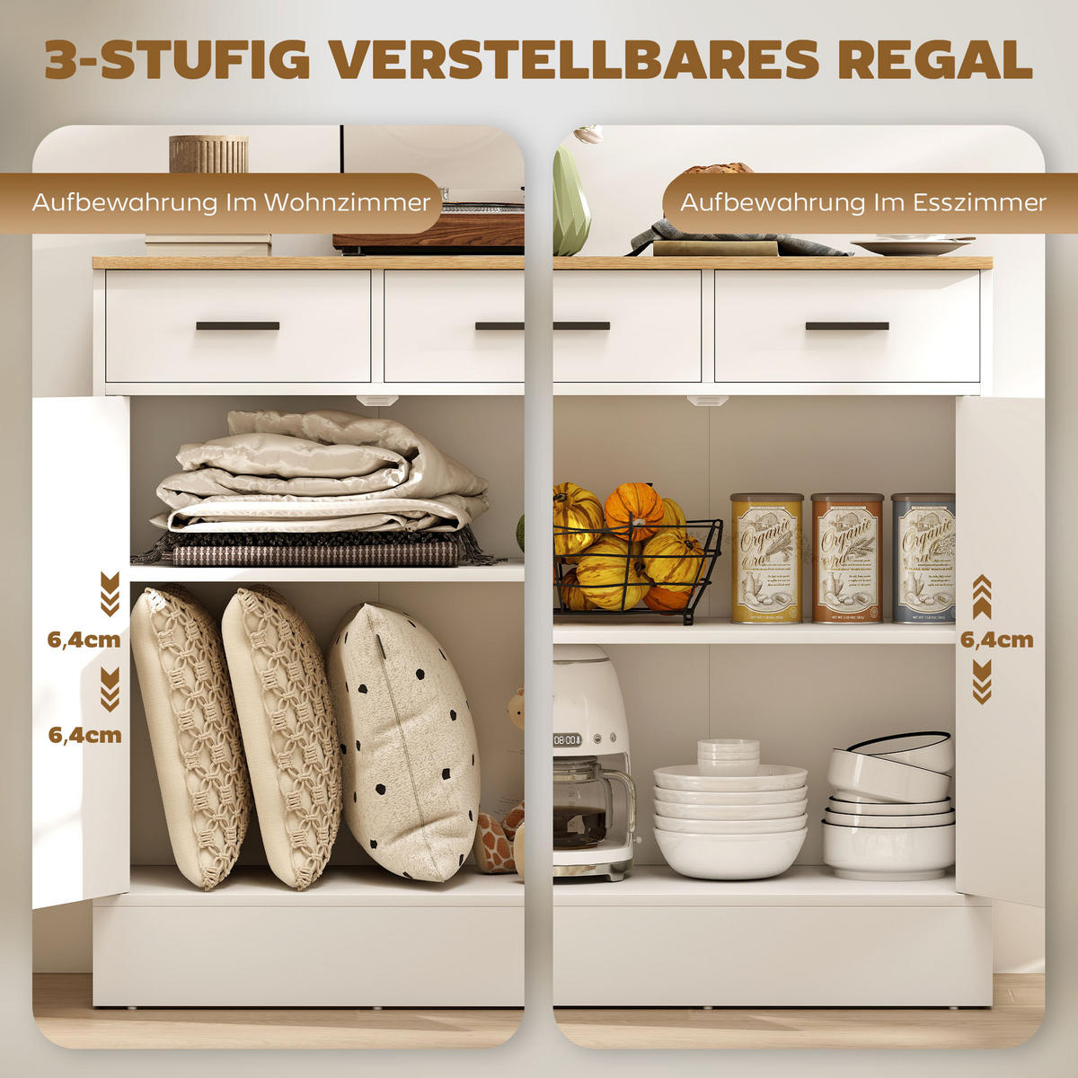 SIDEBOARD DE-08691 2 Schubladen & verstellbares Regal Weiß - Weiß, Holzwerkstoff (68.6/90.3/35cm) - ComfortXL