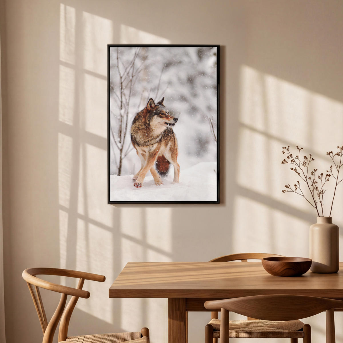LEINWAND Bilder mit Rahmen - Wolf - Winter - Schnee - Natur - Tiere - 60x90 - Haselnussfarben, Textil (60/90cm) - MuchoWow