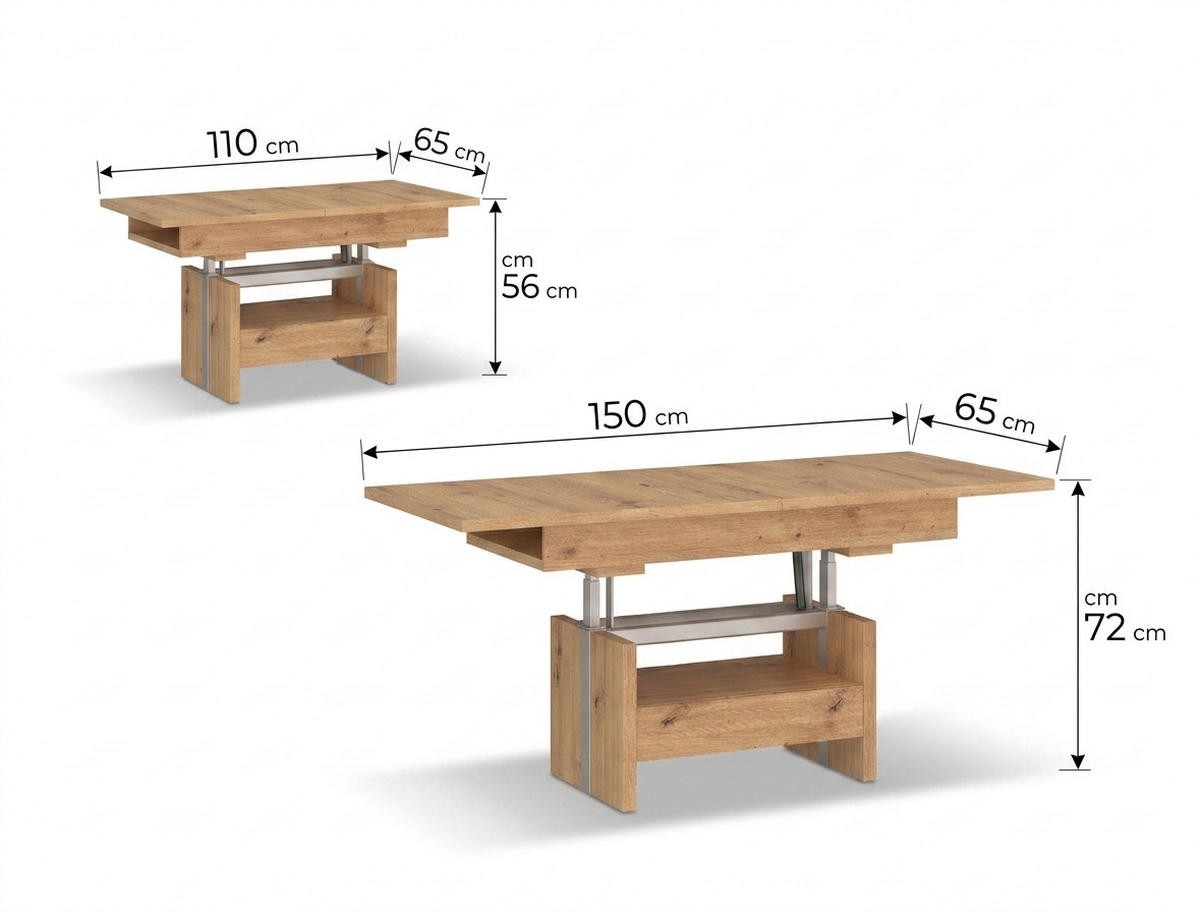 COUCHTISCH rechteckig ausziehbar höhenverstellbar Schubalde 110/64/56 cm - Eiche Artisan, Holzwerkstoff (65/110/56cm) - designimpex