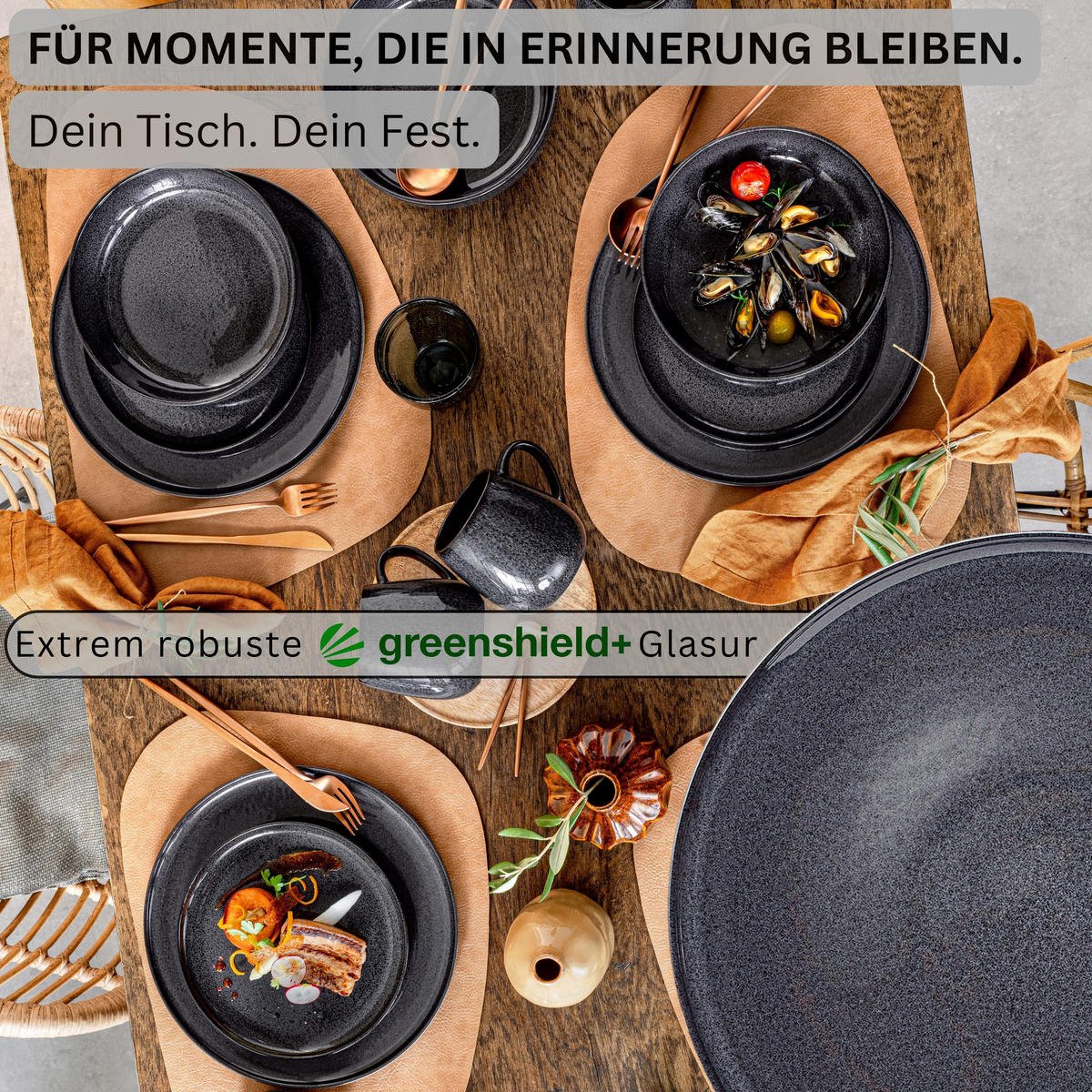 SÄNGER Steingut Geschirrset Bali, Tafelservice 36 teilig für 12 Personen - Schwarz, Keramik (27/5/27cm) - Sänger