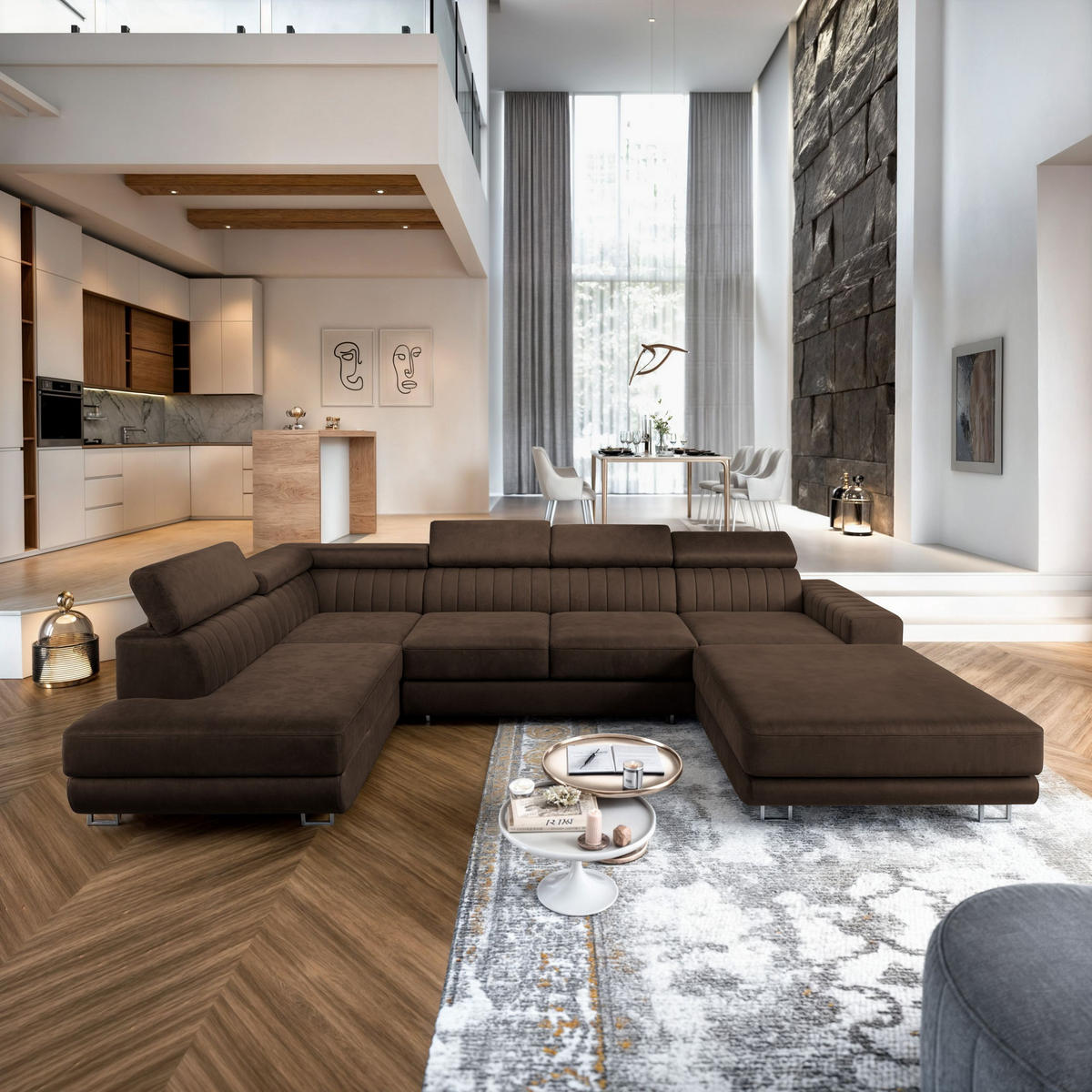 WOHNLANDSCHAFT SIENA R-S Braun Velours-Stoff mit Schlaffunktion - Braun, Holz (335/89/190cm) - MASSENO