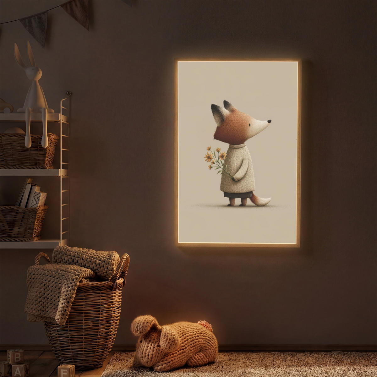 NÁSTĚNNÁ LAMPA S AKUMULÁTOREM Liška - Žluté květy - Minimalistický 60x90 cm - šedohnědá, kompozitní dřevo (60/90/8cm) - OnlyWow