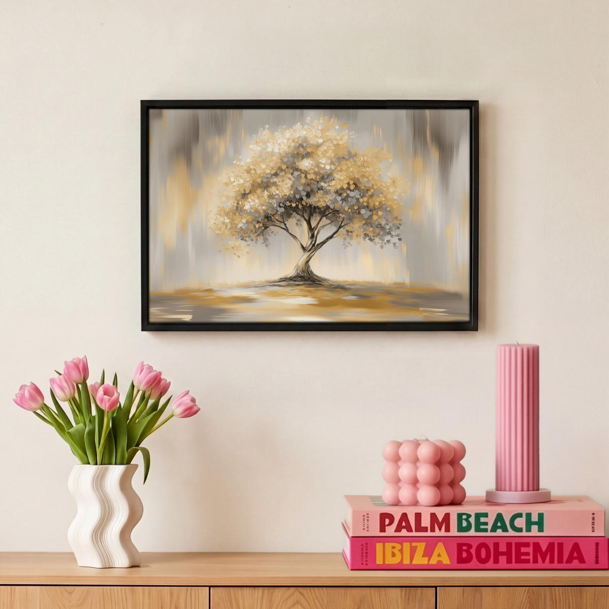 LEINWAND Bilder mit Rahmen - Gemälde - Baum - Abstrakt - Blätter - 30x20 - Beige, Textil (30/20cm) - MuchoWow