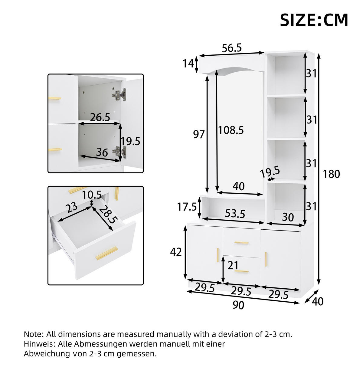 DIELENGARDEROBE mit Spiegel 90/40/180 cm in Weiß mit Schuhschrank und 2 Schubladen - Weiß, Holzwerkstoff (90/180/40cm) - BEAOK