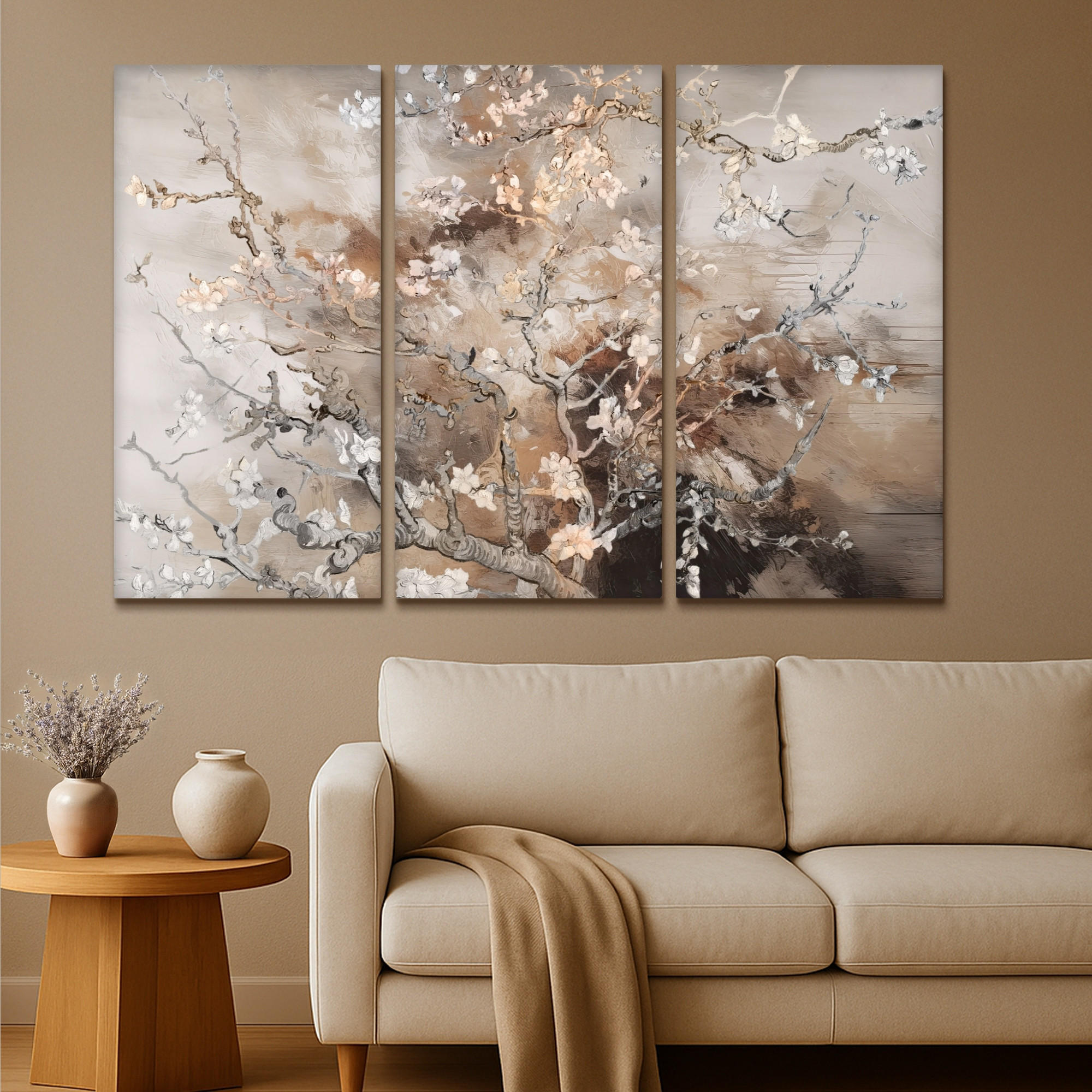 LEINWANDBILD 3er Set Mandelblüte - Abstrakt - Beige 150x100 cm - Beige, Textil (150/100cm) - MuchoWow
