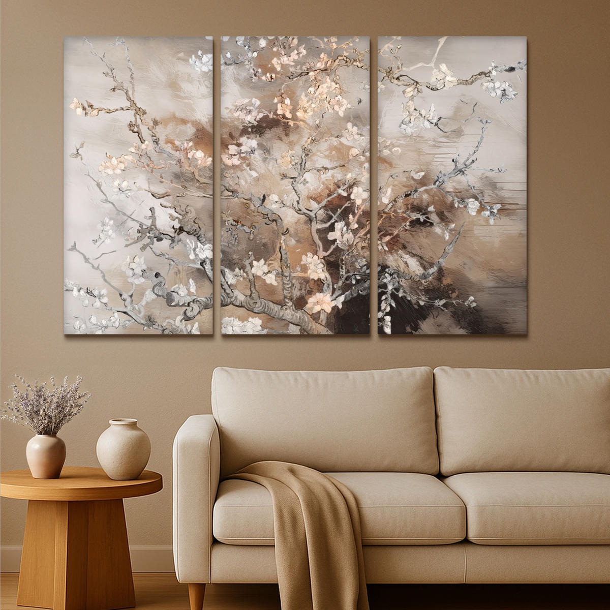 LEINWANDBILD 3er Set Mandelblüte - Abstrakt - Beige 180x120 cm - Beige, Textil (180/120cm) - MuchoWow