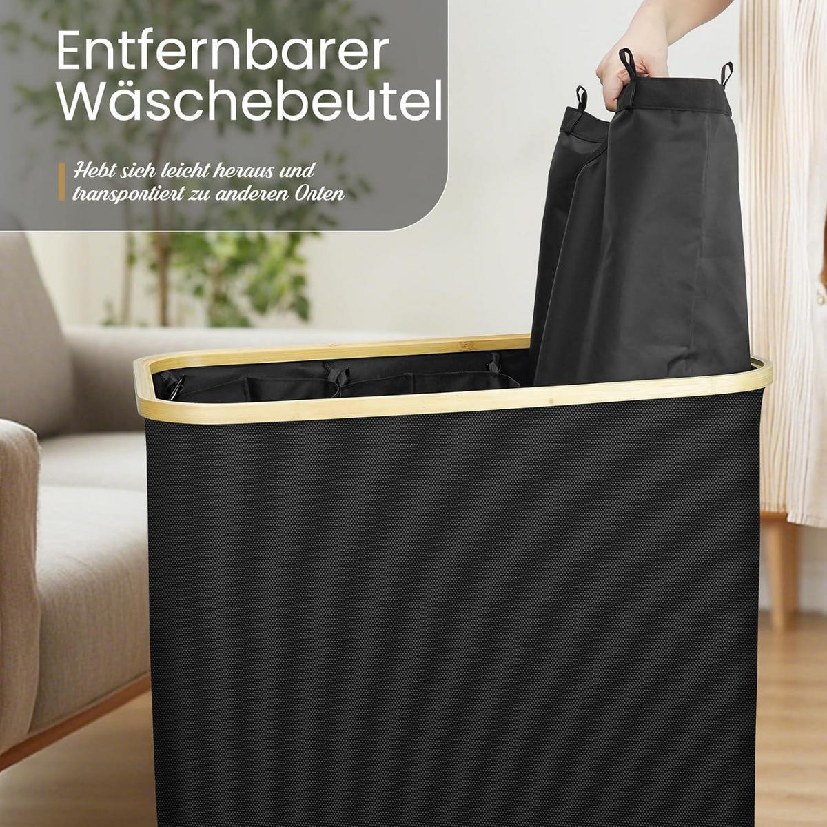 WÄSCHEKORB mit 3 Fächern und Deckel Schwarz 160L - Schwarz, Textil (68/60/39cm)