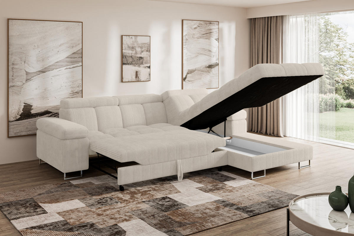 ECKSOFA mit Schlaffunktion Ottomane Rechts COMA L 271x203x79 Beige Cord - Beige, Holzwerkstoff/Textil (203/271cm) - ALTDECOR
