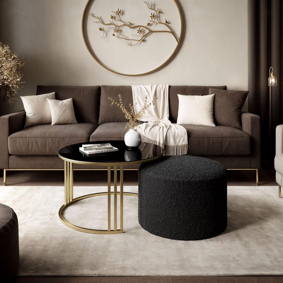 COUCHTISCH mit Hocker LORI GLASS gebürstetes Gold/schwarzes Glas/Coral 60 - Schwarz, Metall (70/70/49cm) - Lookway