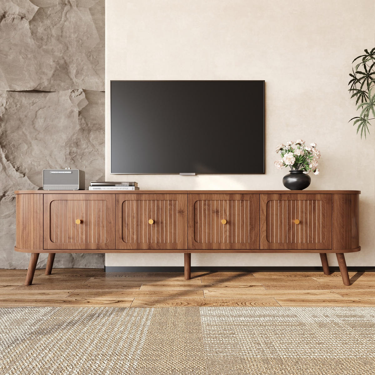 TV-SCHRANK aus MDF und Spanplatte 180x38x47 cm Nussbaum mit 4 Klapptüren und Vintage-Design - Braun, Holzwerkstoff (180/47/38cm) - Modfu