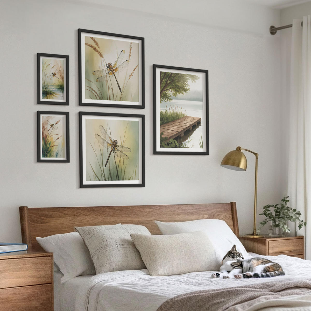 WANDBILDER 5er-Set - 50x50 cm & 20x30 cm & 40x60 cm Schwarzer Rahmen - Libellengräser über dem Wasser - Schwarz, Kunststoff (40/60cm) - ArtPrintCave