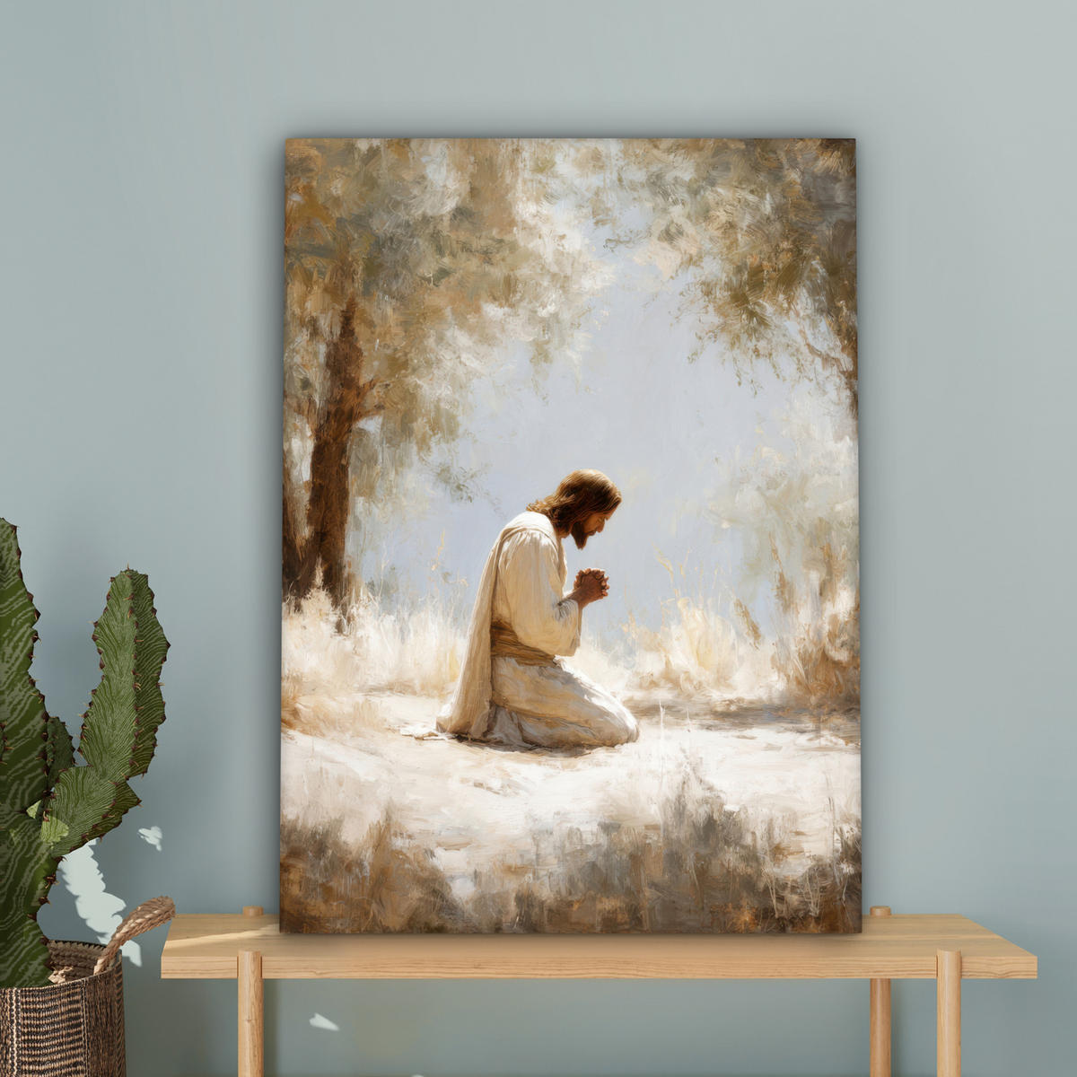 LEINWANDBILD Jesus - Kniend - Waldlandschaft - Betend Wandbild Wohnzimmer 60x80 cm - Beige/Hellblau, Textil (60/80cm) - MuchoWow