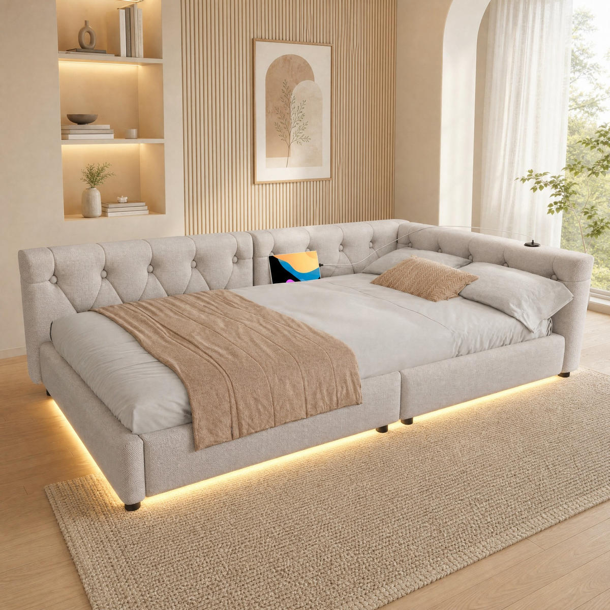 POLSTERBETT 90/200 mit 7-farbiger LED, USB/Type-C und Knopfsteppung in Beige - Beige, Holzwerkstoff/Textil (90/200cm) - EVRYAE