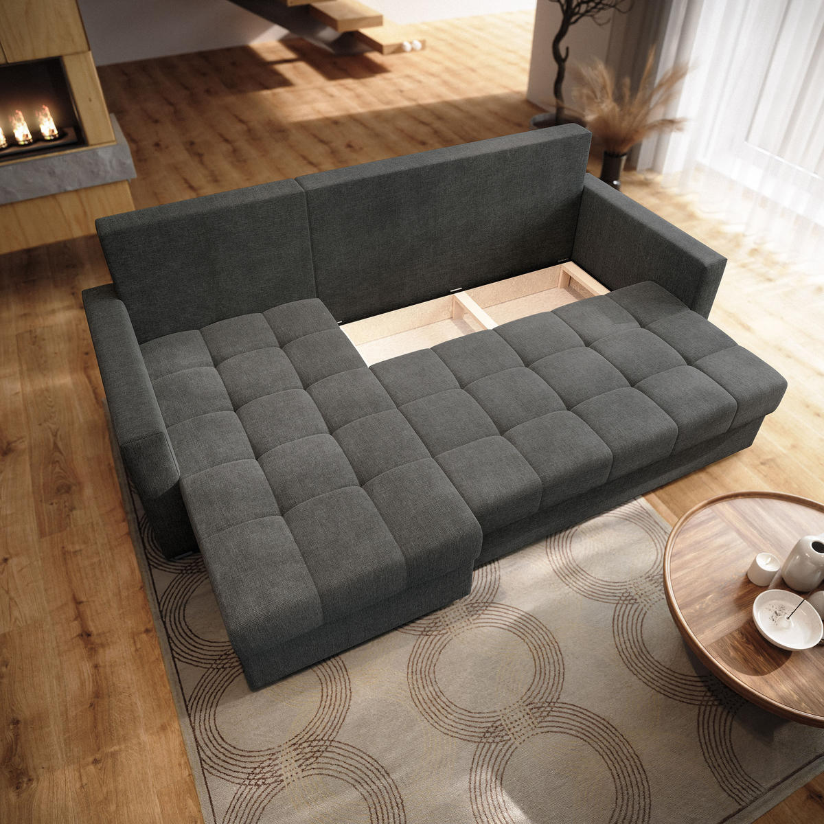 ECKSOFA NIDA Grau Geflochtener Stoff mit Schlaffunktion - Grau, Holz (220/143cm) - MASSENO