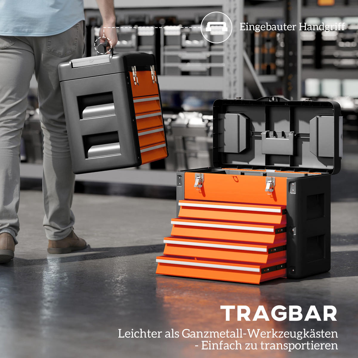 WERKZEUGKISTE leer, 49,7 x 25,3 x 40,7 cm Werkzeugkasten aus Stahl, Orange - Orange, Metall (49.7/40.7/25.3cm) - HOMCOM