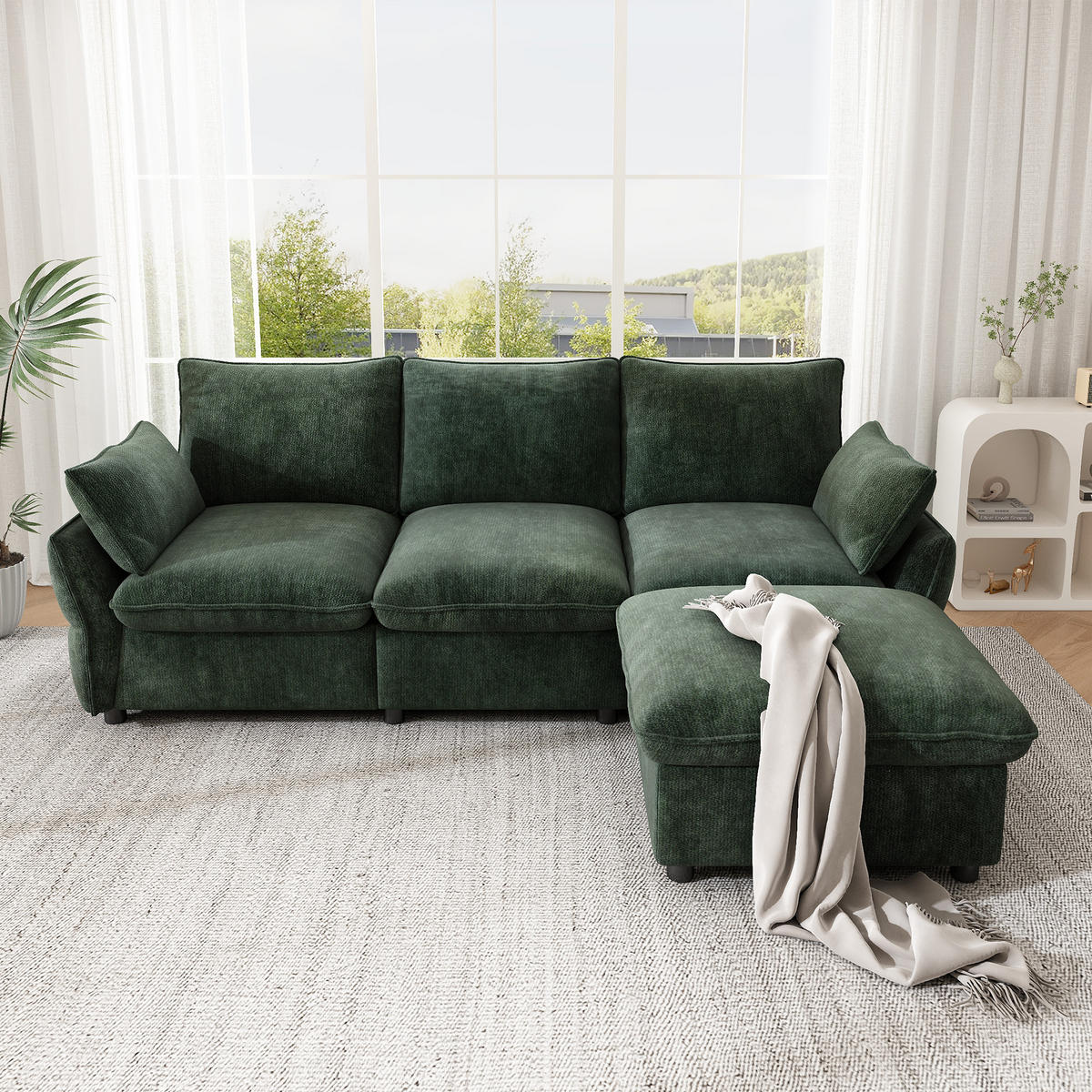 ECKSOFA 222.5/154.5/76.5 cm Dunkelgrün Chenille mit 1 Fußhocker - Dunkelgrün, Textil/Metall (222.5/154.5cm) - Oxeza
