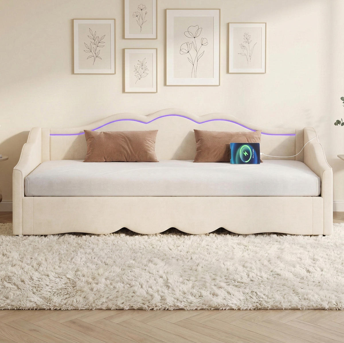 POLSTERBETT 90/180×200 cm aus Samt in Beige mit LED und USB- und Type-C-Anschlüssen - Beige, Textil (90/200cm) - Flora Grace