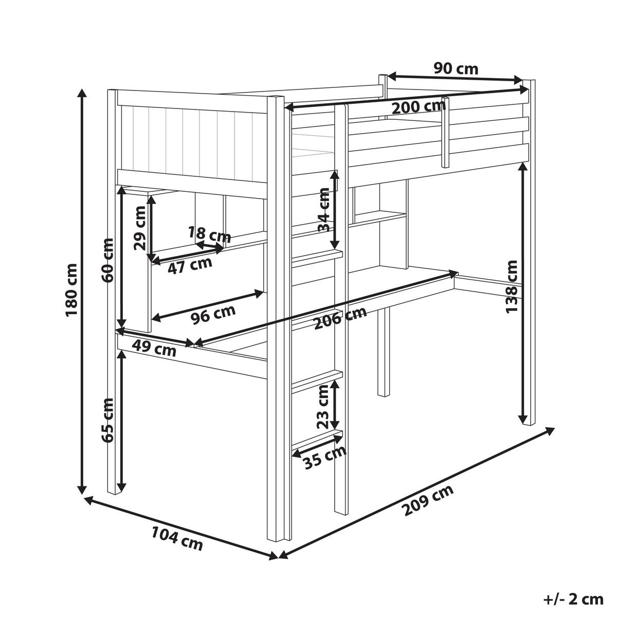 HOCHBETT MIT SCHREIBTISCH 90x200 cm Grau Foucamont - Grau, Holz (90/200cm) - Beliani