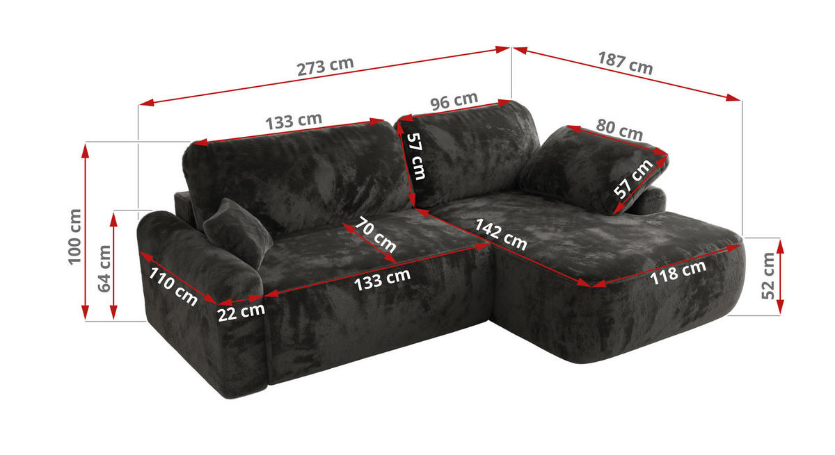 ECKSCHLAFSOFA CUBO L Dunkelgrau Plüsch - links - Dunkelgrau/Schwarz, Kunststoff/Textil (273/187cm) - MKS