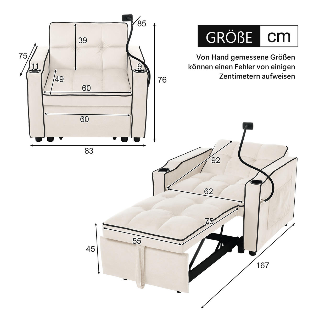SCHLAFSESSEL 3-in-1 Samt mit Getränke und Handyhalter Beige 83/167/76 cm - Beige, Textil (83/76/167cm) - Redom