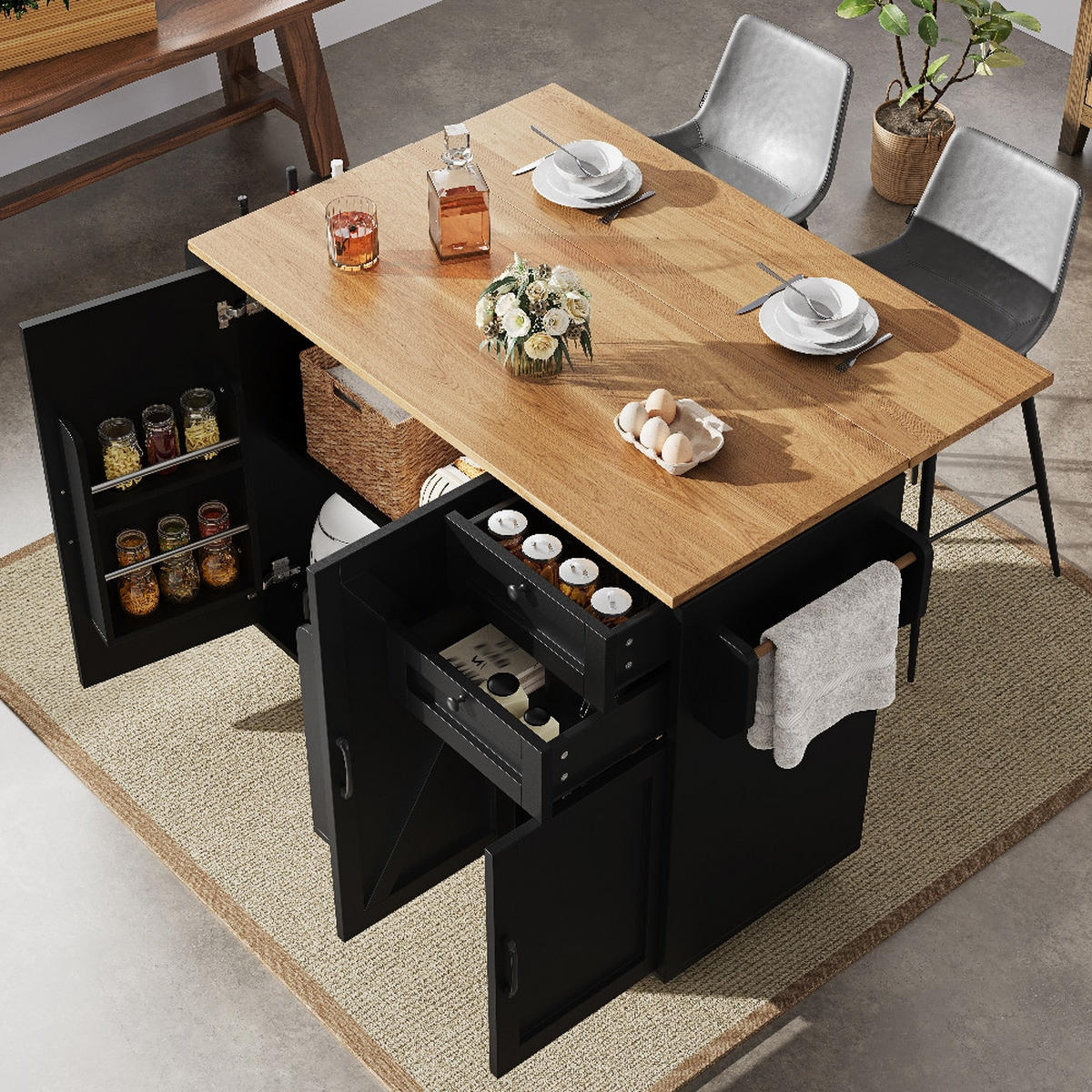 KÜCHENINSEL Klappbar, BUFFETSCHRANK mit Rollen, Holzmaserung Schwarz, 120/43,2/92 cm - Schwarz, Kunststoff (43.2/92/120cm) - Rolipo