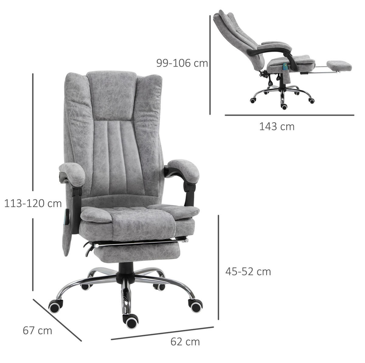 DREHSTUHL 67/62/113-120 cm in Grau mit Massage- und Heizfunktion - Grau, Kunststoff (67/113/62cm) - Flora Grace