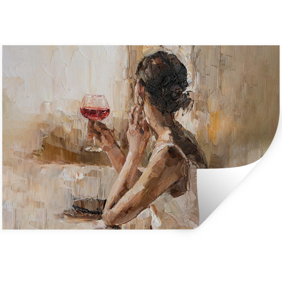 WANDTATTOO Ölgemälde - Frau - Wein 60x40 cm - Hellbraun, Kunststoff (60/40/0.1cm) - MuchoWow