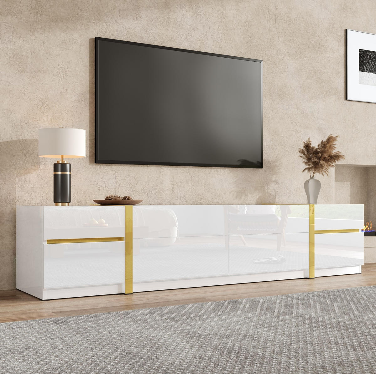 TV-SCHRANK mit 4 Schubladen und 2 Türen 180 cm MDF Weiß Hochglanz - Weiß, Holzwerkstoff (40/38/180cm) - Beauniv