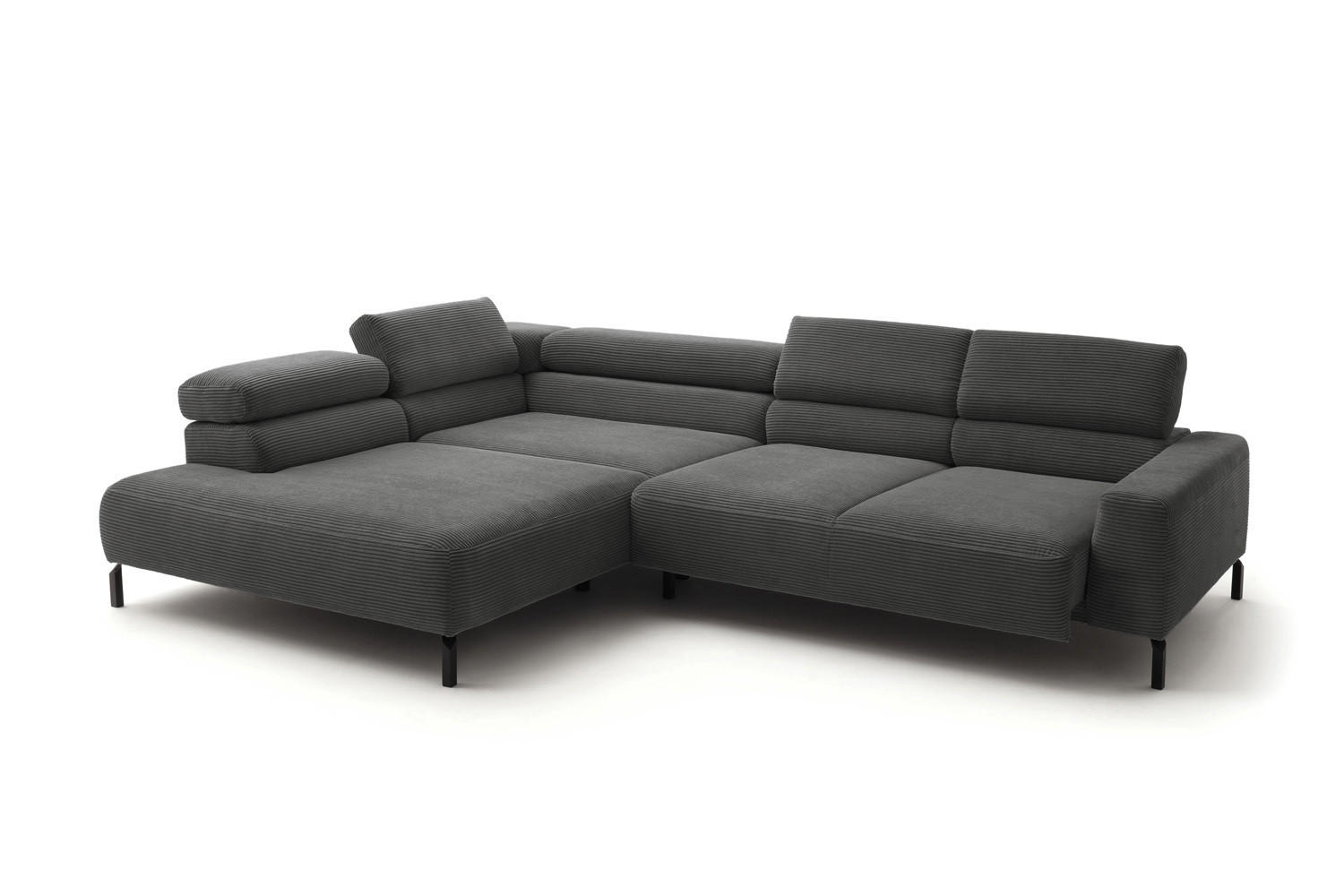 ECKSOFA DELIA Grau Cord Relaxfunktion - Schwarz/Grau, Textil/Metall (276/219cm) - KAWOLA
