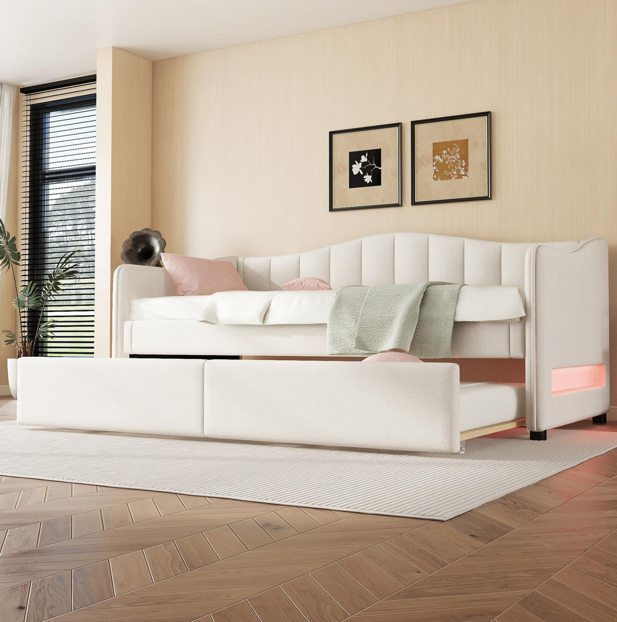 TAGESBETT 90/200 cm mit ausziehbarem Rollbett und LED-Beleuchtung, Leinenbezug, Beige - Beige, Textil (90/200cm) - Redom