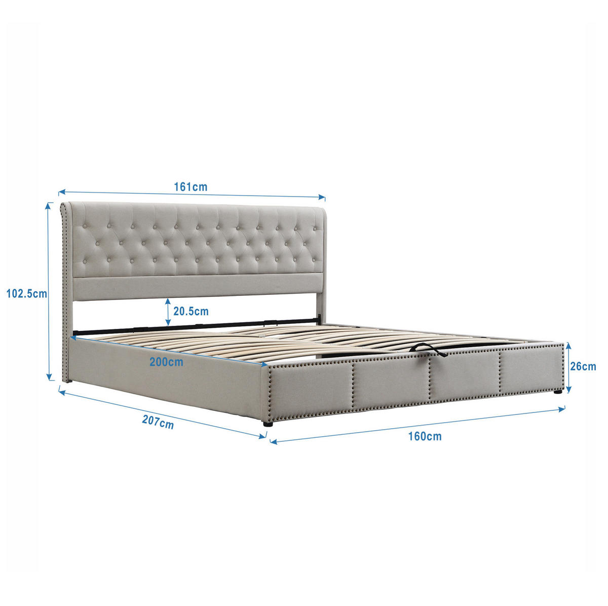 POLSTERBETT 160/200 cm Grau aus Baumwolle-Leinen mit Bettkasten - Grau, Textil (160/200cm) - OKMYHOME