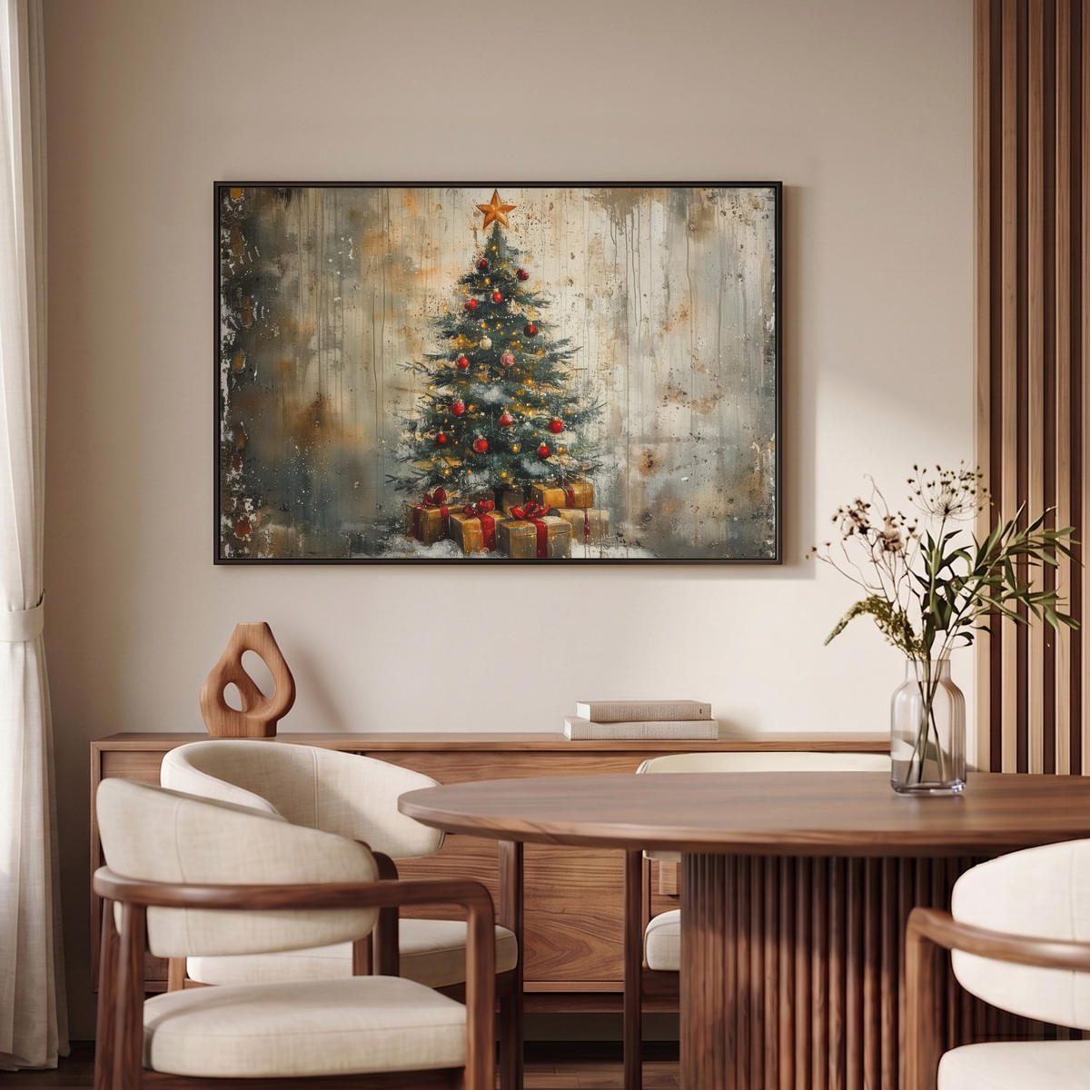 LEINWAND Bilder mit Rahmen - Weihnachtsbaum - Vintage - Weihnachten - Geschenk - 90x60 - Rostfarben, Textil (90/60cm) - MuchoWow